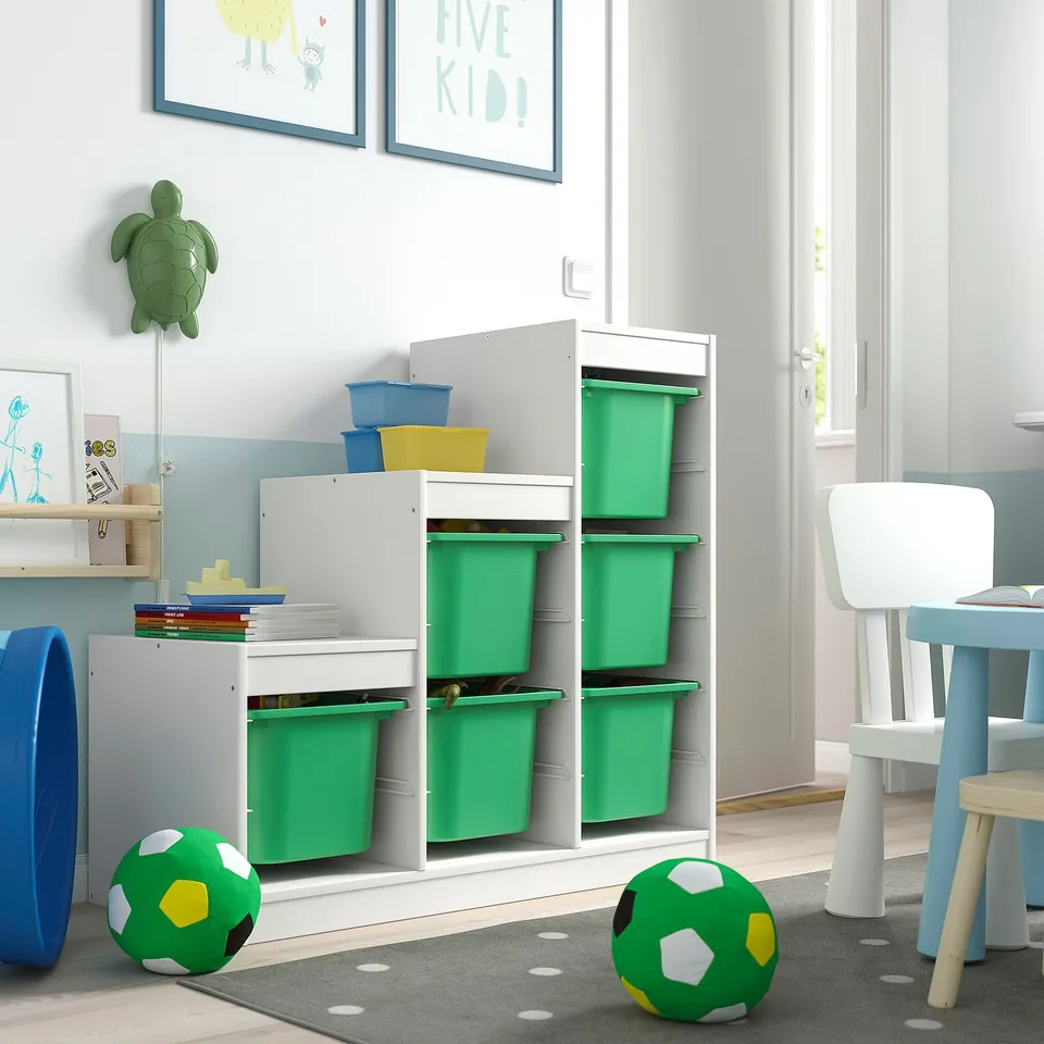 Childrens room with TROFAST storage. White & green containers. Large, easy-to-reach, and organised for toys.