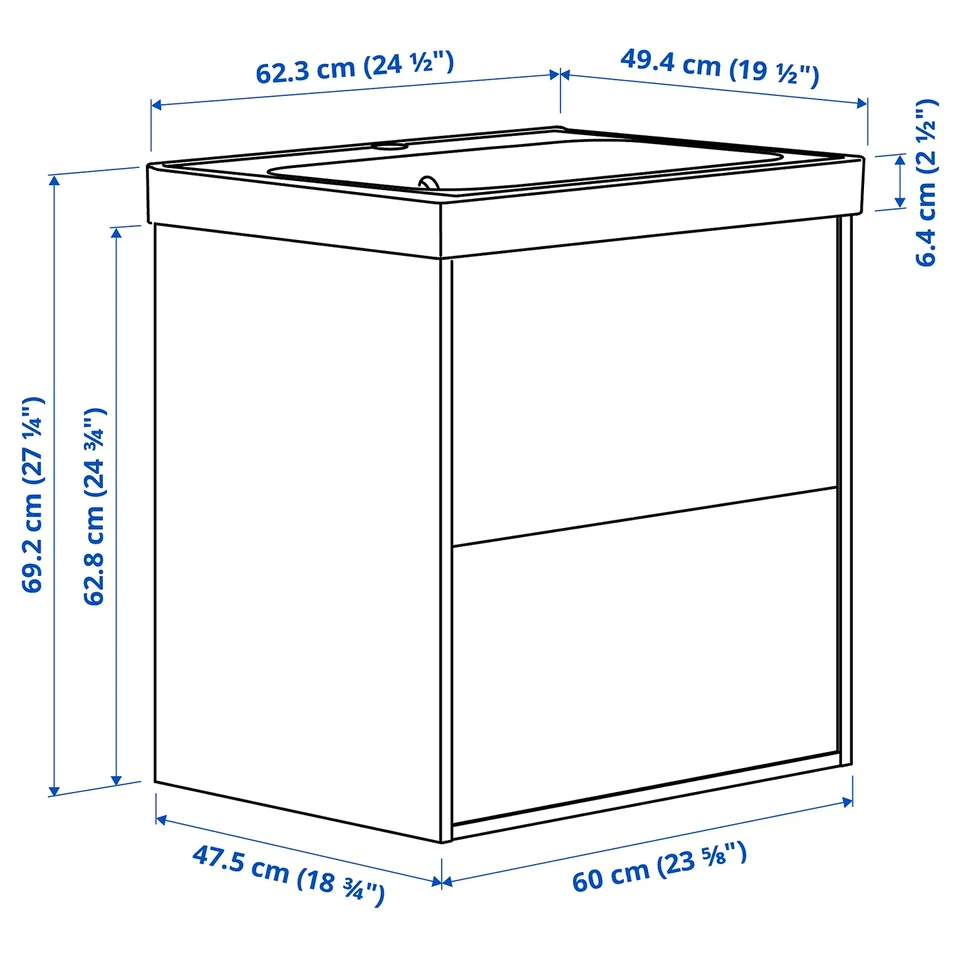 TÄNNFORSEN / ORRSJÖN Wash-stnd w drawers/wash-basin, light grey, 62x49x69 cm