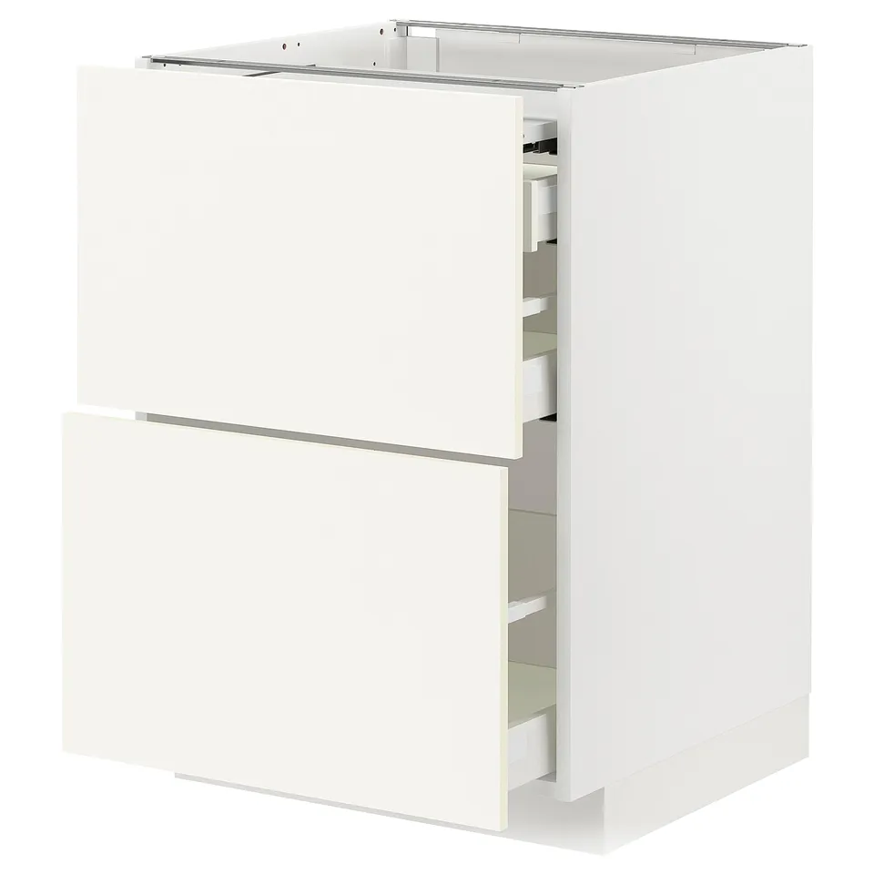 White METOD kitchen cabinet with two drawers and a pull-out work surface.