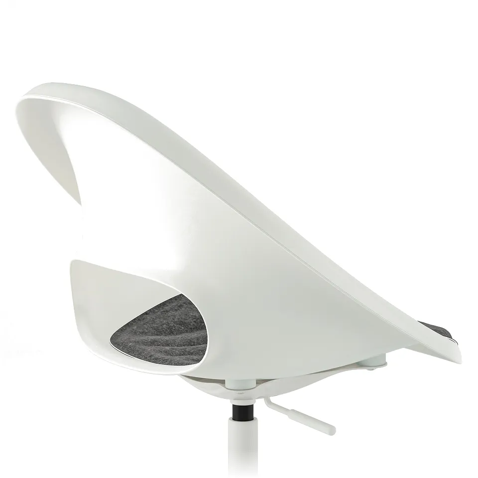 Adjustable white office chair with curved back and armrests.