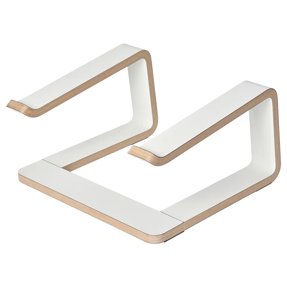 Modern white wooden laptop stand with sleek design for better posture and cooling.