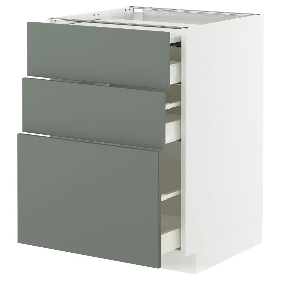Modern kitchen unit, METOD, white with grey-green drawers.