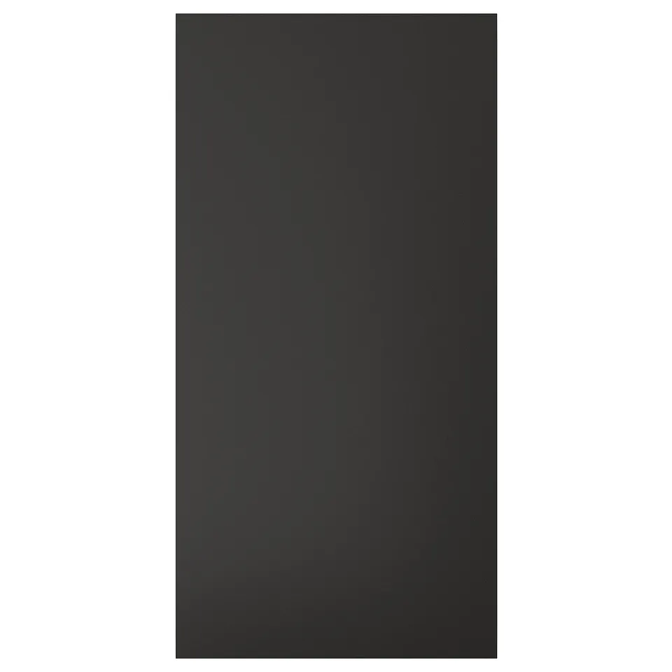 This image a black, rectangular NICKEBO cabinet door with a sleek, modern design made from recycled materials.