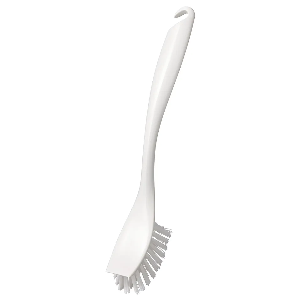 ANTAGEN white dish brush, hook handle, stiff bristles, recyclable plastic.