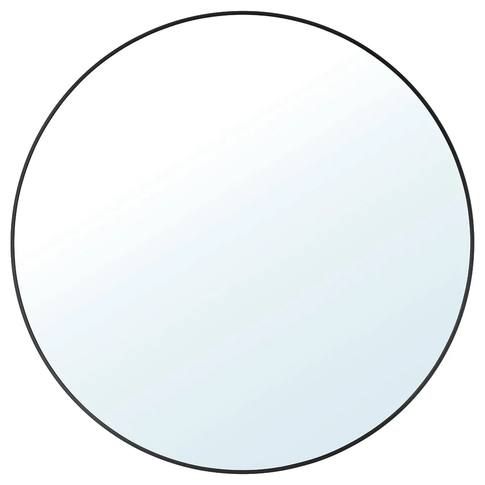 Round black-framed mirror with sleek design, perfect for adding depth to rooms.