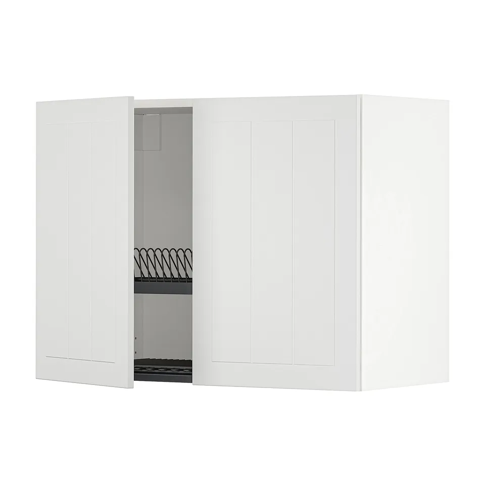 METOD kitchen wall unit, white, with open door revealing shelves and dish drainer.