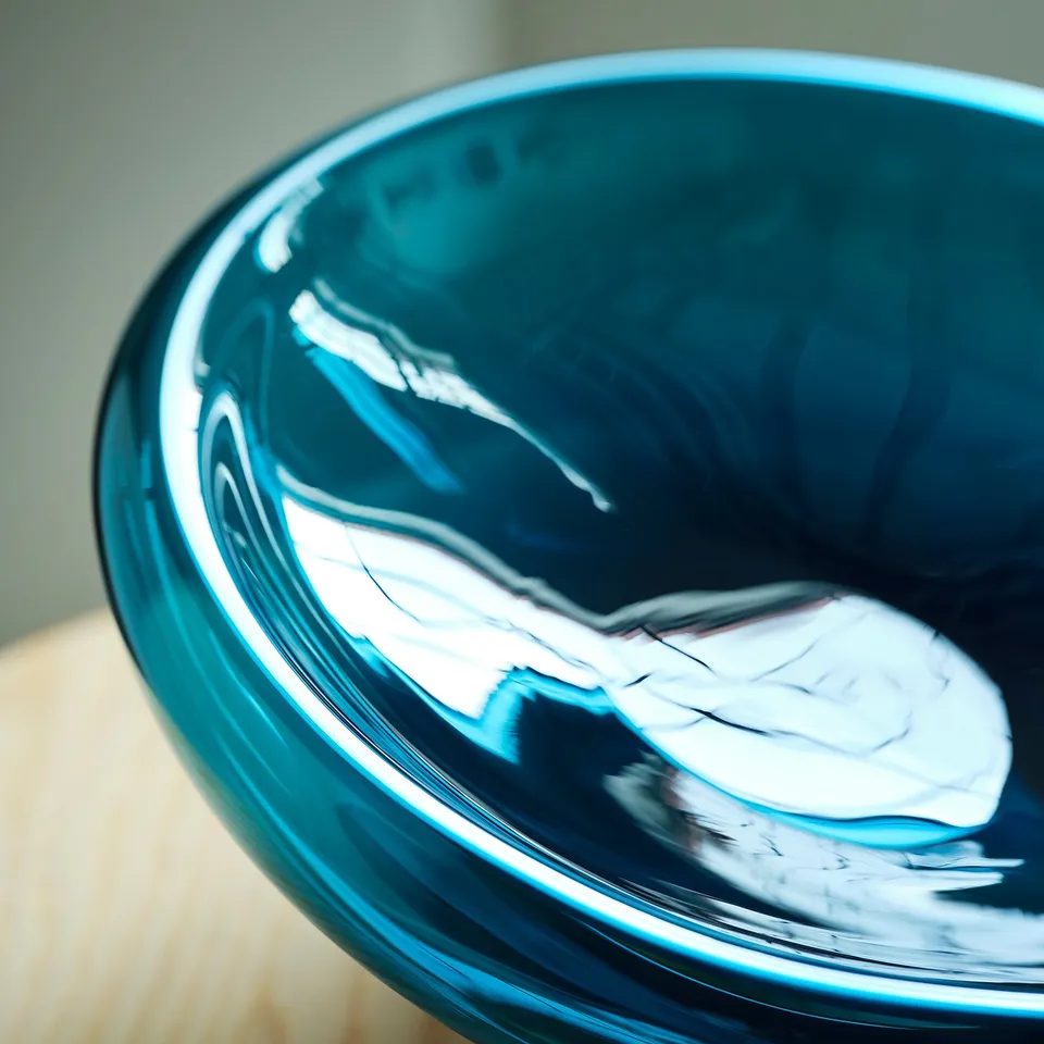 Blue glass bowl, smooth, reflective surface. Irregular organic shape, placed on a wooden surface.