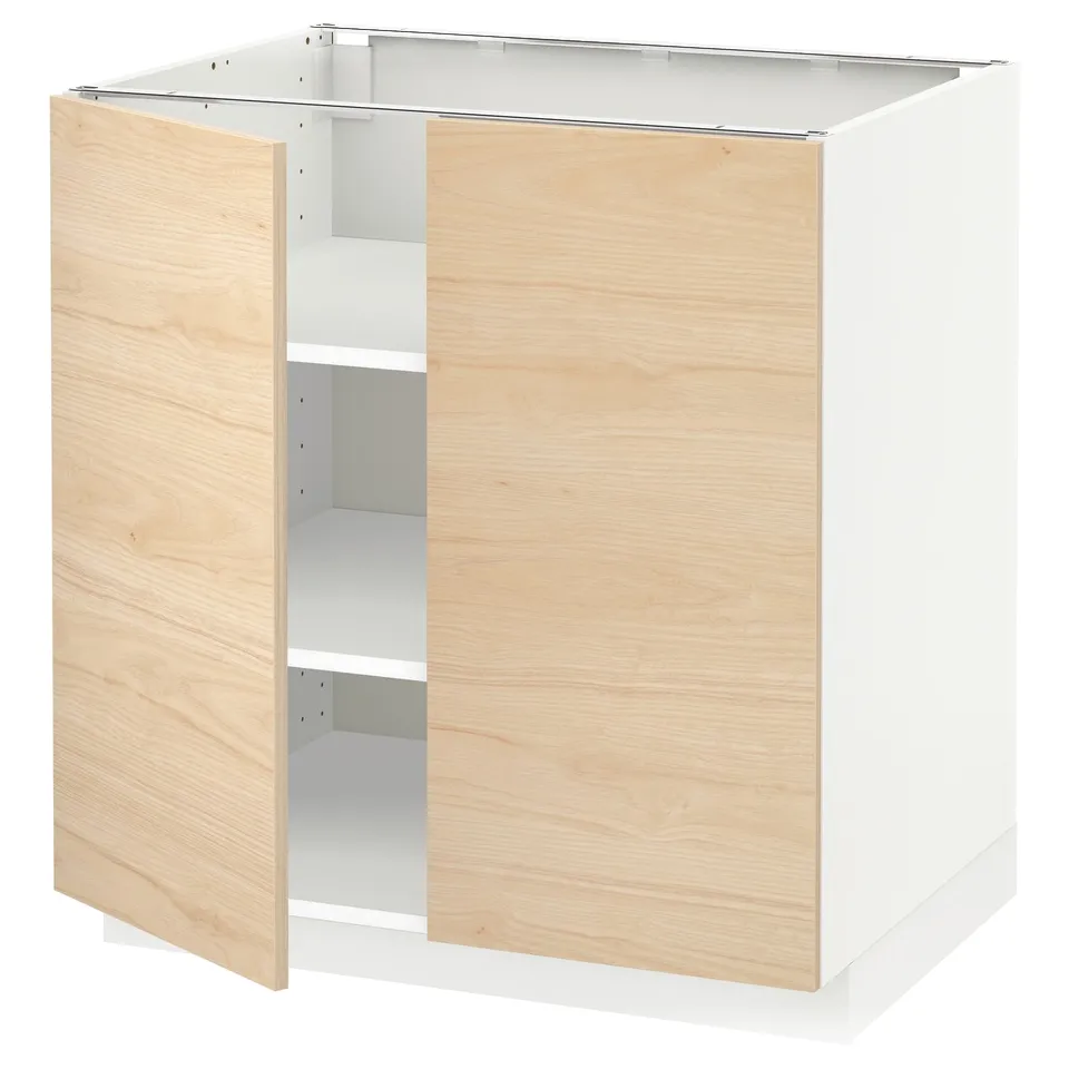 METOD kitchen cabinet in light ash, white base, two doors slightly ajar, square shape, modern design.