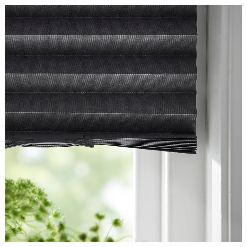A black SCHOTTIS roller blind partially covering a window. The blind horizontal folds and is secured with clips. Outside, green leaves are visible.