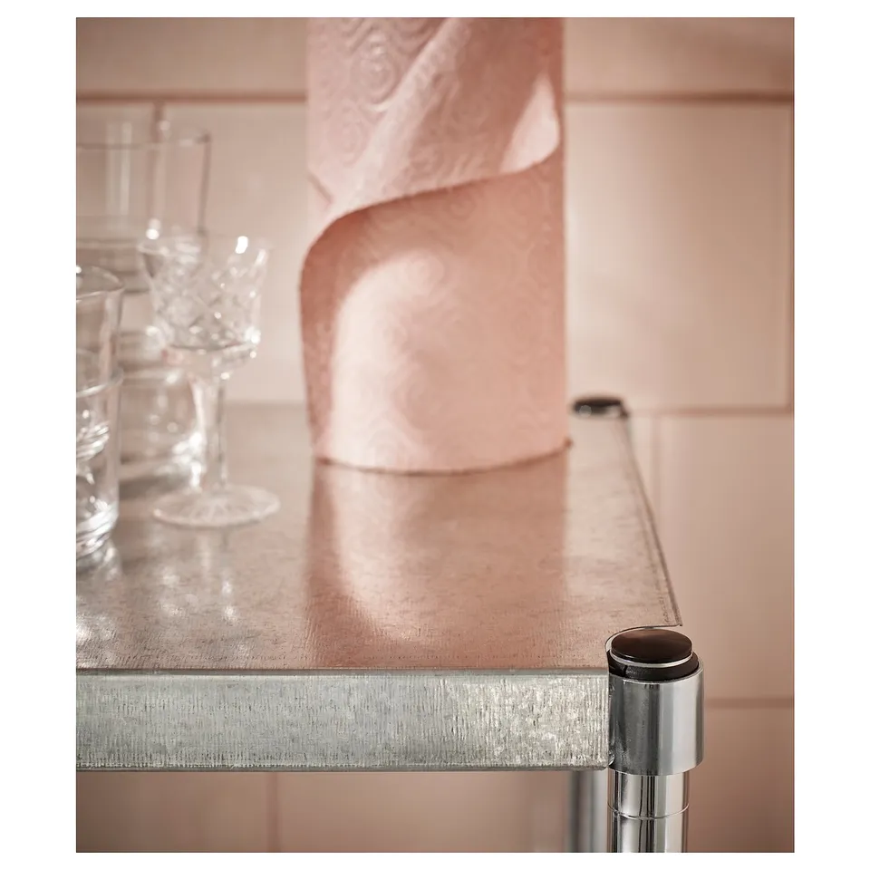 Silver OMAR wire shelf with legs, for indoor use including bathrooms.