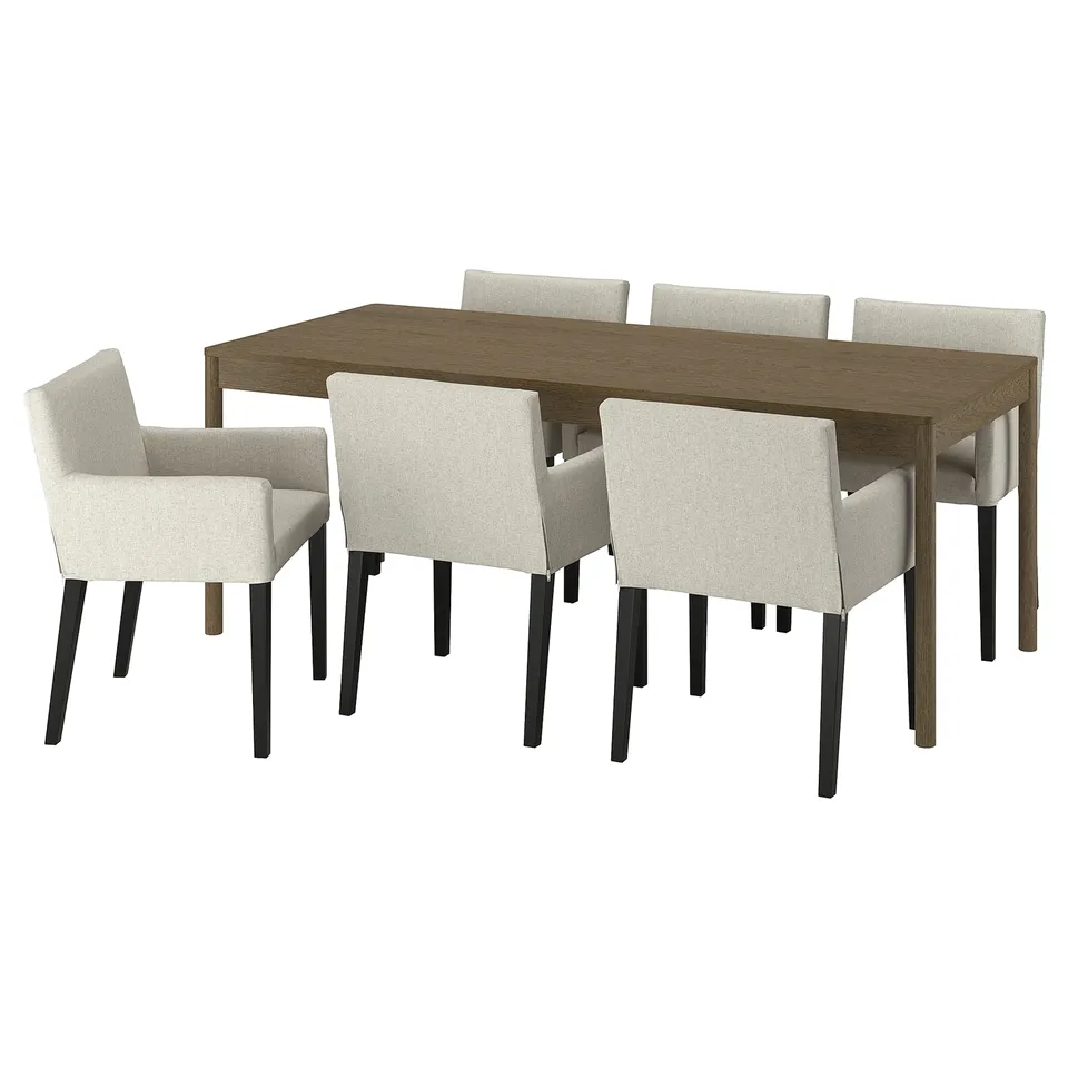 TONSTAD / MÅRENÄS Table and 6 chairs, brown oak veneer/Gunnared beige black, 200x85 cm