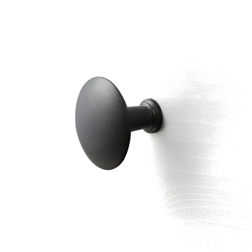 Black, round, simple wall-mounted hook. Attached to a clean white wall.