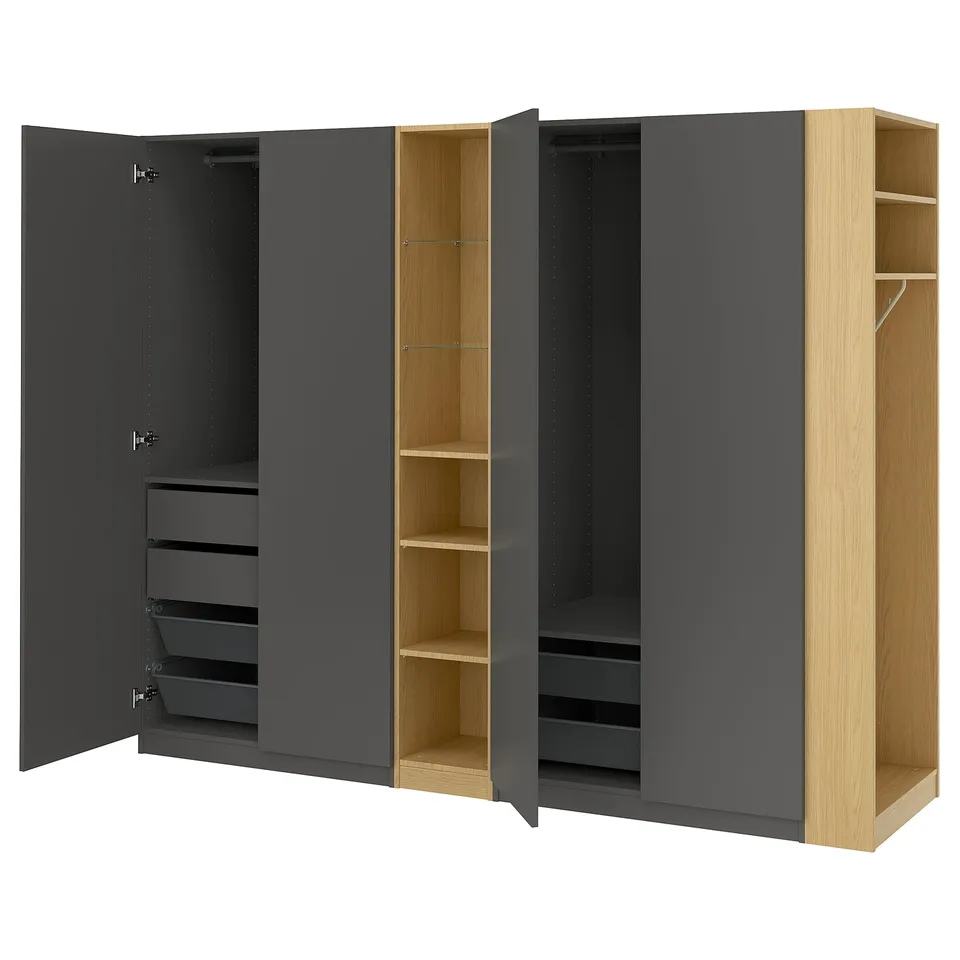 PAX / FORSAND Wardrobe combination, dark grey dark grey/oak effect, 255x60x201 cm