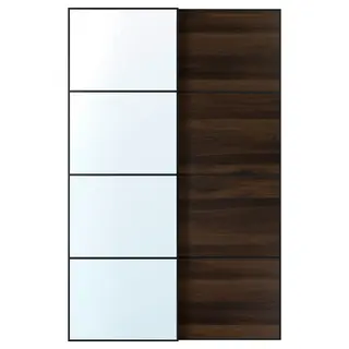 AULI / MEHAMN pair of sliding doors, black mirror glass/double sided dark brown oak effect, 150x236 cm