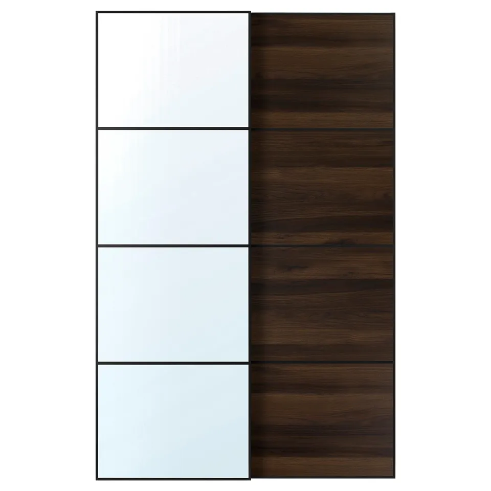AULI / MEHAMN Pair of sliding doors, black mirror glass/double sided dark brown oak effect, 150x236 cm