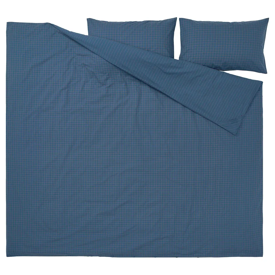 DOFTAKLEJA dark blue checked duvet set, 100% cotton, 8 pieces, easy fasten.