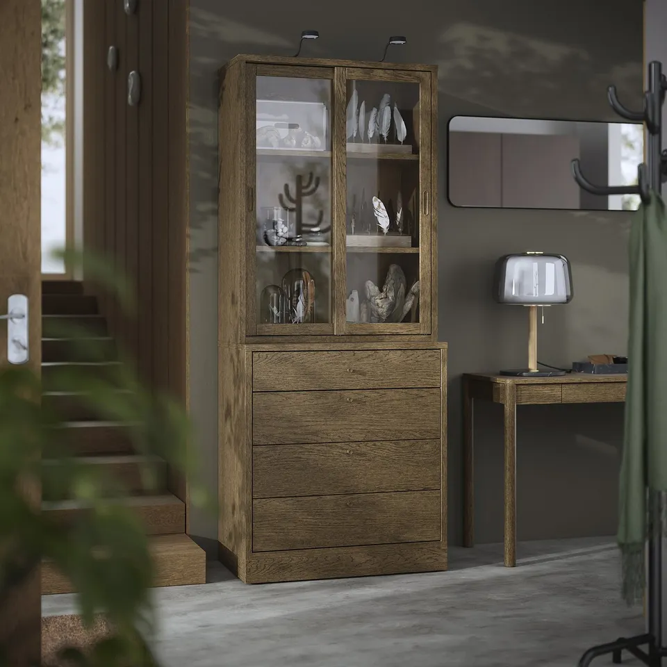 TONSTAD cabinet, oak with glass doors, display near desk.