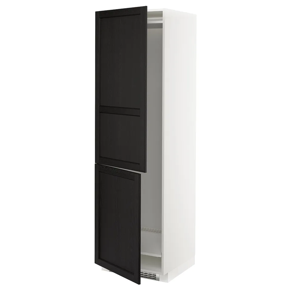 METOD kitchen cabinet, black, tall, wooden doors, white frame.