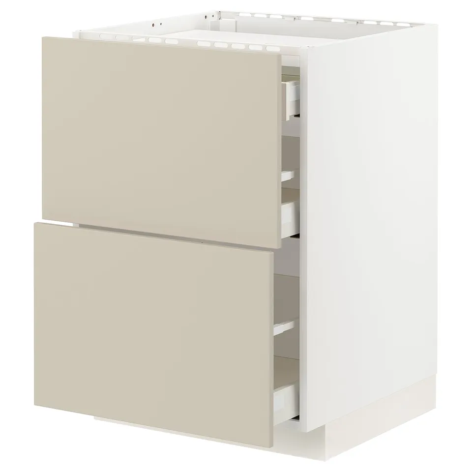 Beige METOD kitchen cabinet with drawers, rectangular white frame.