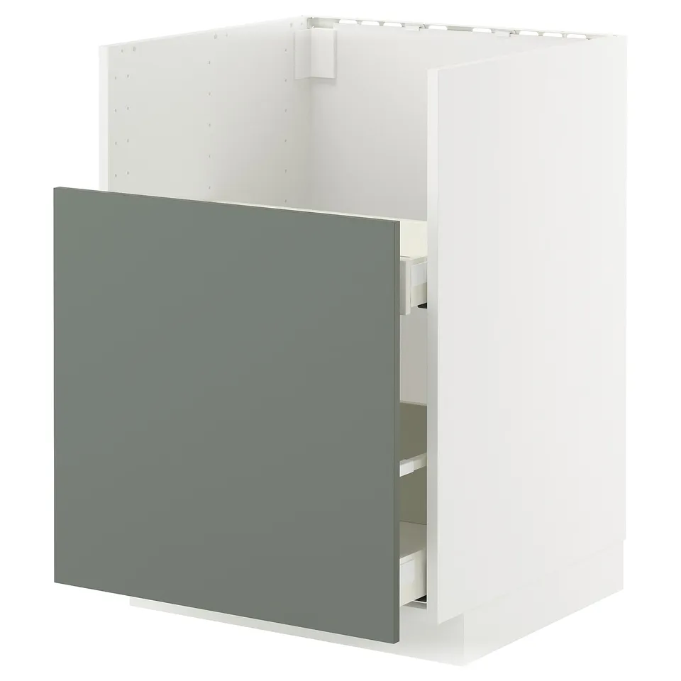 Modern kitchen cabinet in grey-green with smooth-running drawers.