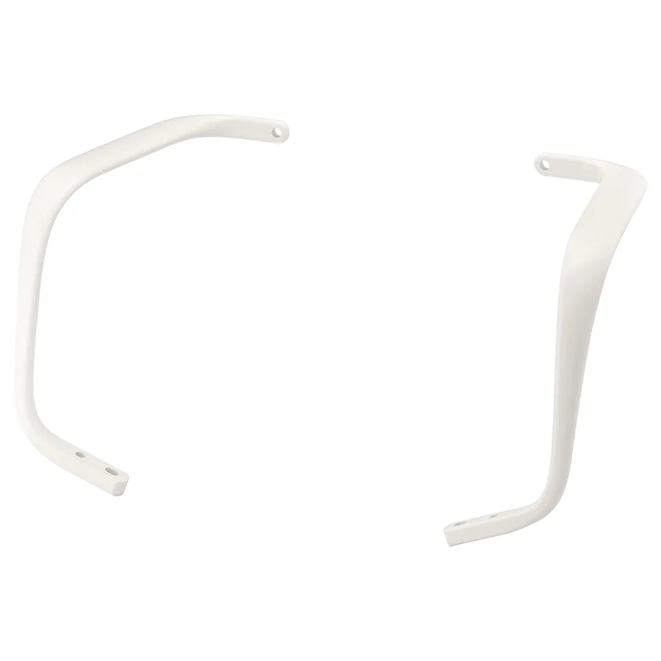 A white LÅNGFJÄLL armrest frame. It is shaped in a smooth, curved l design made of aluminium.