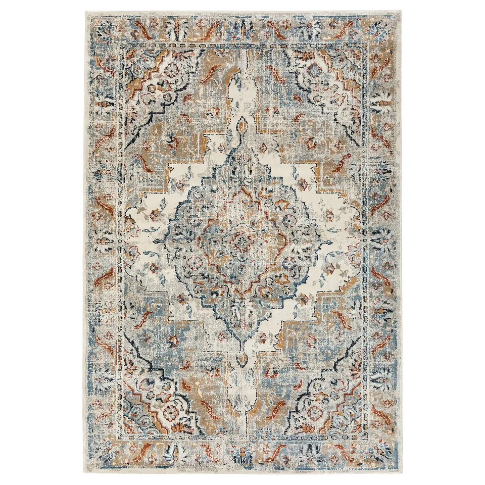 ONSEVIG: light blue, rectangular rug with beige/brown floral pattern, vintage style.