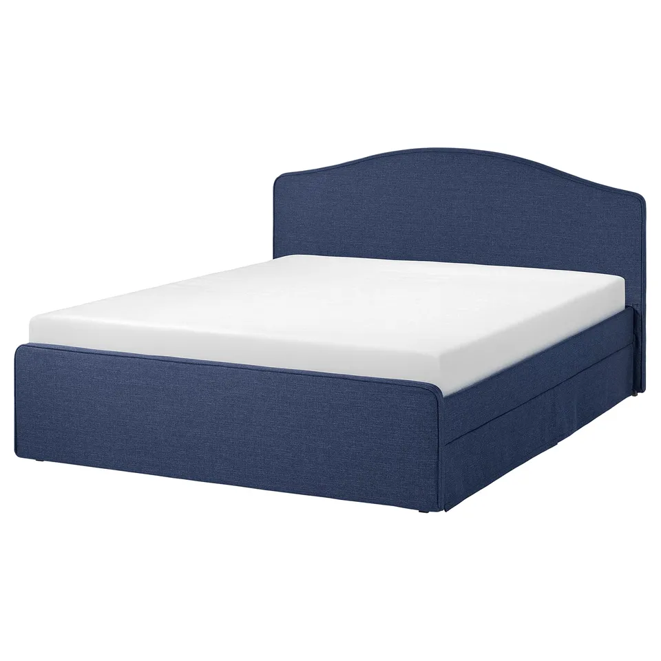 Ramnefjall bed, blue, upholstered, curved head, clean lines.