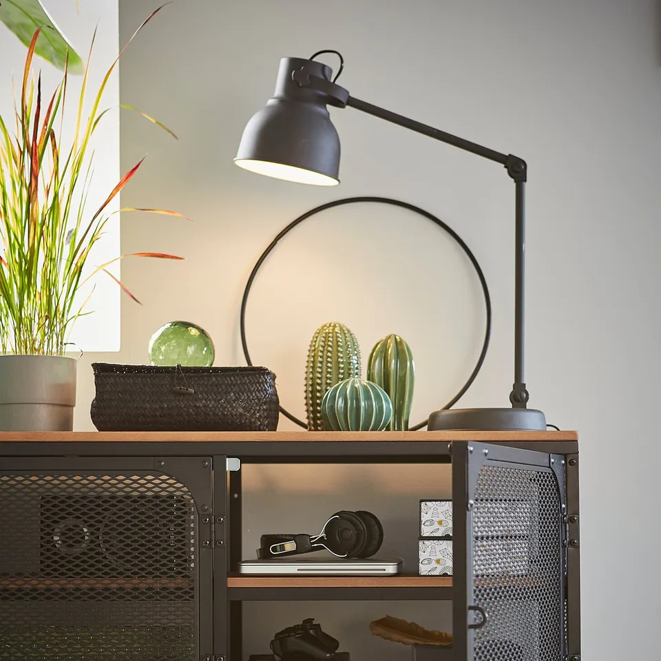 Industrial-style black metal and wood console table with adjustable lamp, plants, and decor.