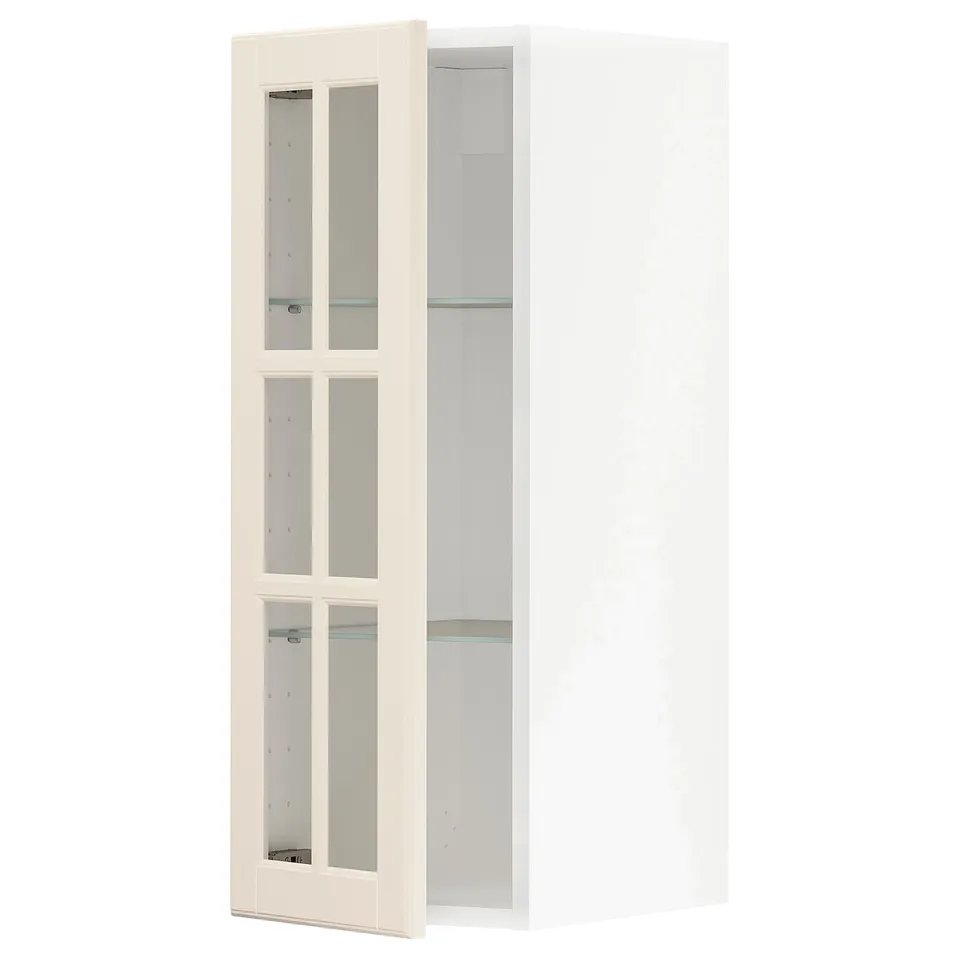 METOD kitchen cabinet in off-white with frosted glass panels and bevelled edges.