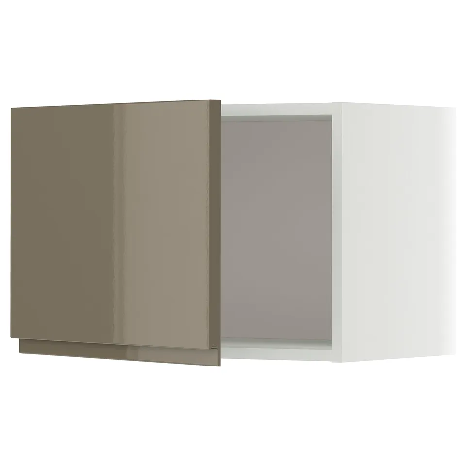High-gloss dark grey-brown kitchen cabinet with sleek handles, part of IKEAs METOD system.