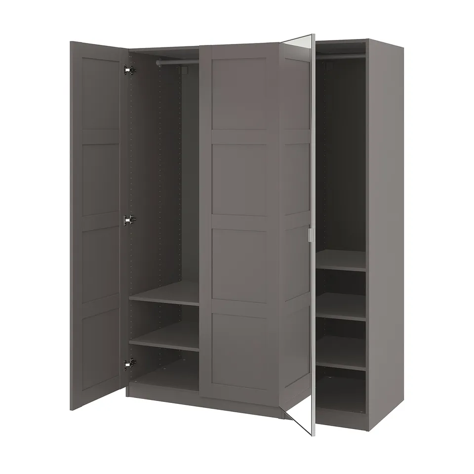 Grey PAX wardrobe with open mirrored doors reveals hanging rod and shelves.