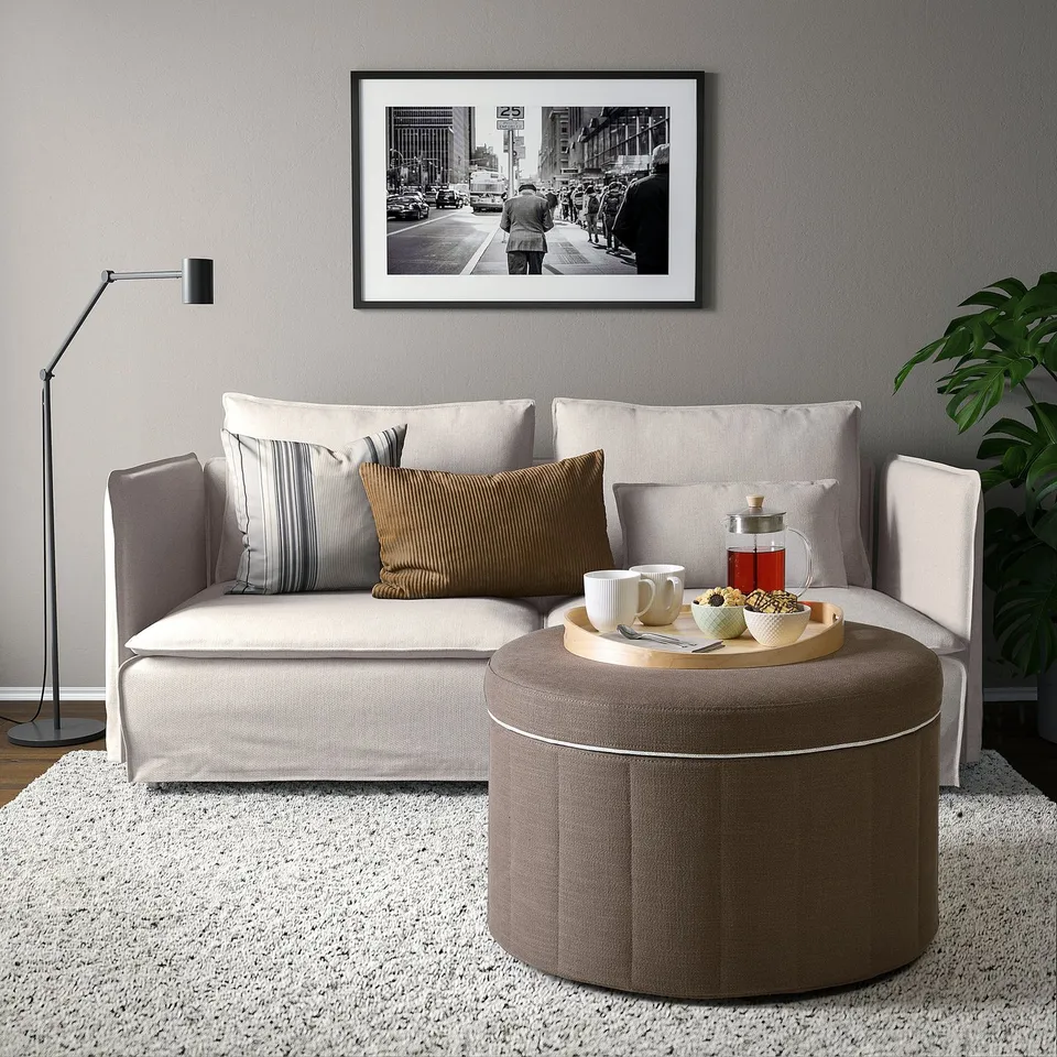Modern living room with SIDSJÖ ottoman, sofa, coffee tray, lamp, & plant.