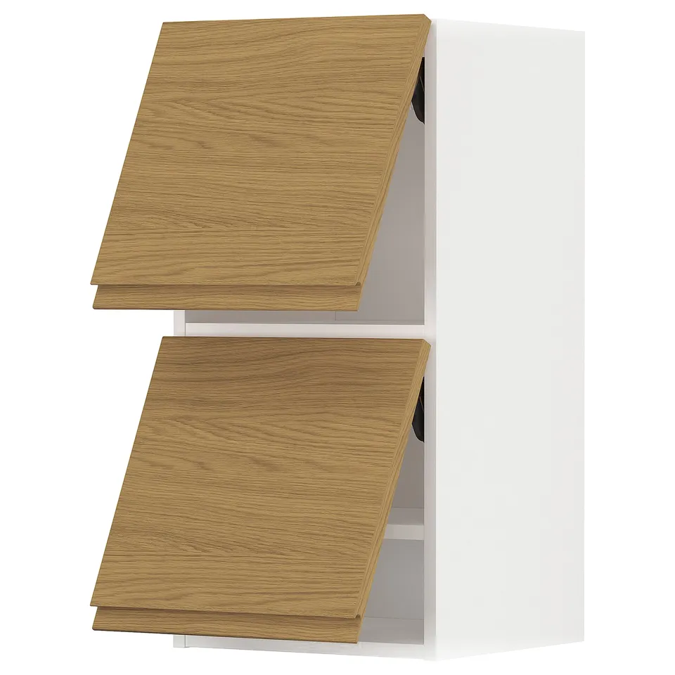A white METOD kitchen cabinet with oak effect wooden drawers. It has a sleek, modern design with minimalist handles.