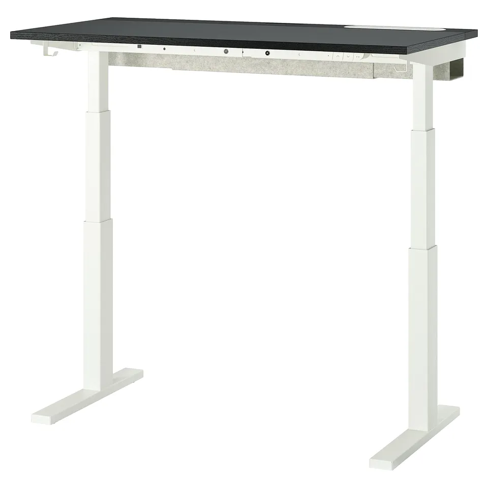MITTZON desk: modern black top, white legs, adjustable height, sleek design.