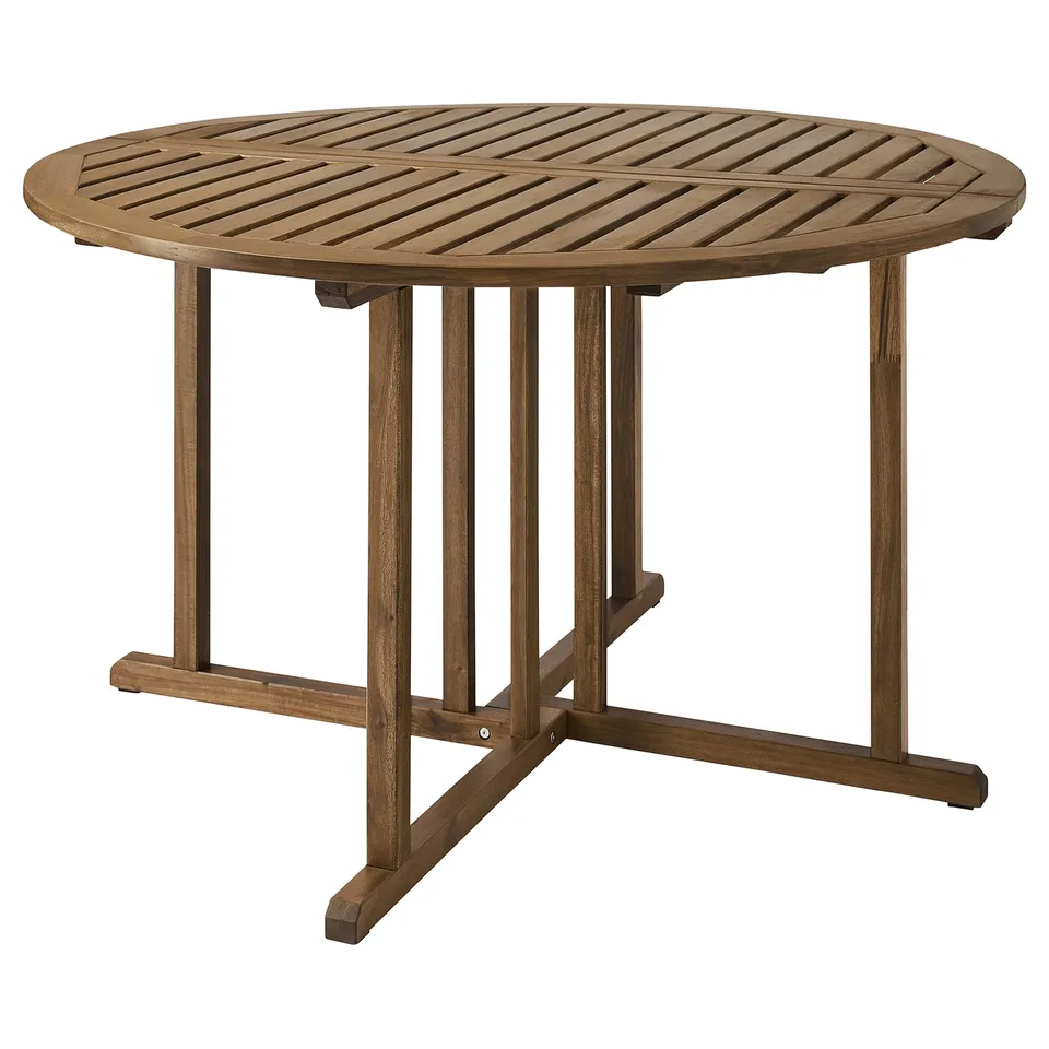 NÄMMARÖ round outdoor table, brown stained acacia wood, sturdy and social shape.