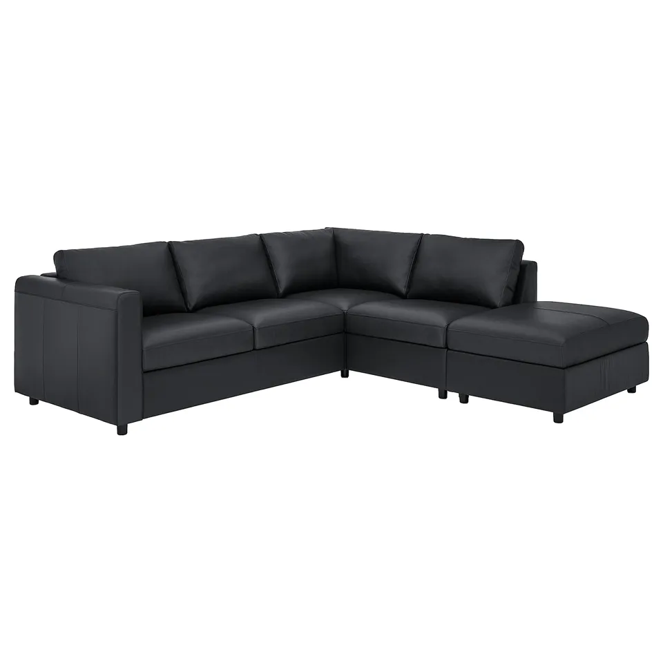 Black VIMLE sectional sofa with chaise, modern design, leather & fabric.