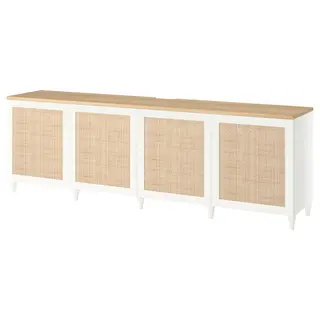 BESTÅ TV bench with doors, white/Studsviken/Kabbarp woven poplar, 240x42x76 cm
