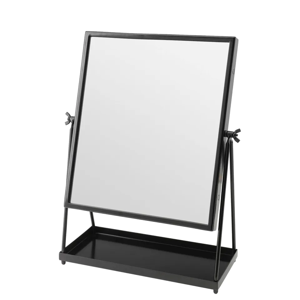 Black adjustable vanity mirror with removable crown and tray beneath for storage, suitable for bathroom.