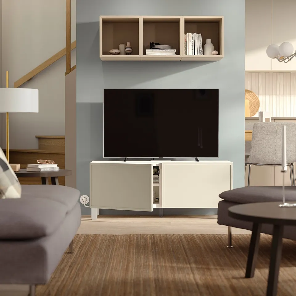BESTÅ TV bench with doors, white/Krukmakare beige, 120x42x48 cm
