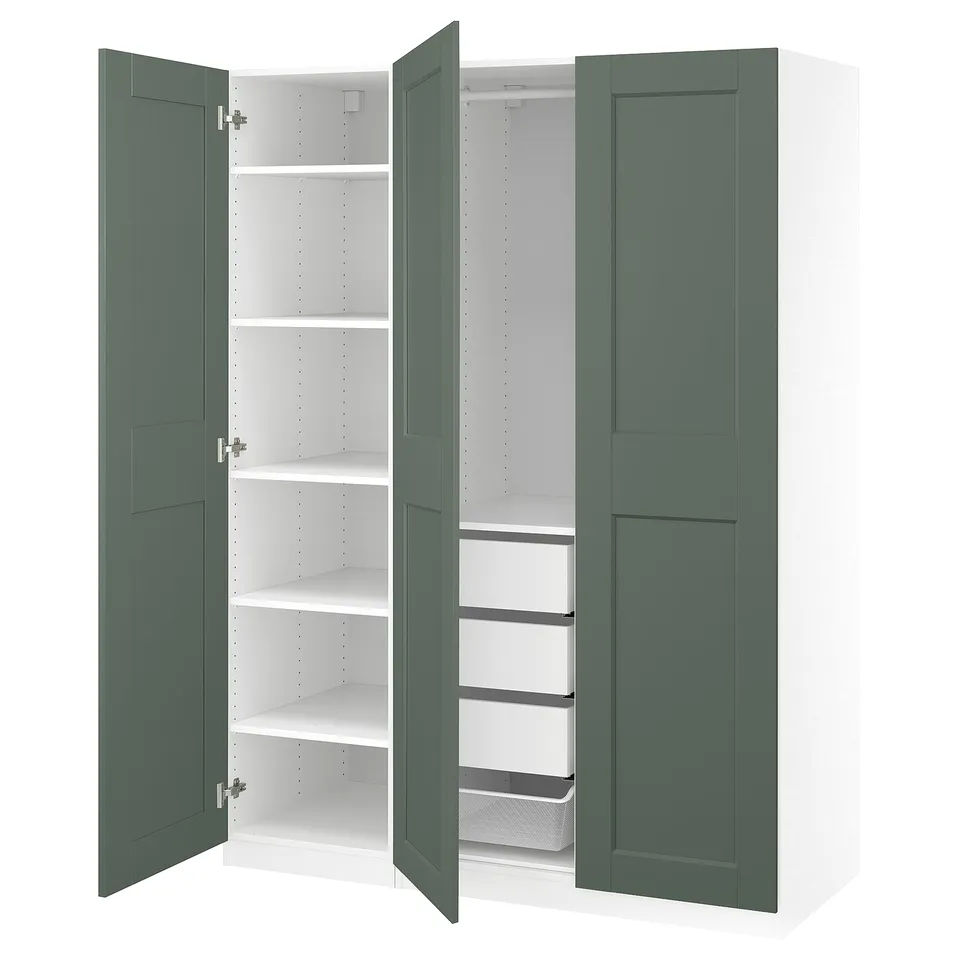 Green PAX wardrobe. Open doors showcase white shelves and mesh drawer. Modern, storage-focused design.