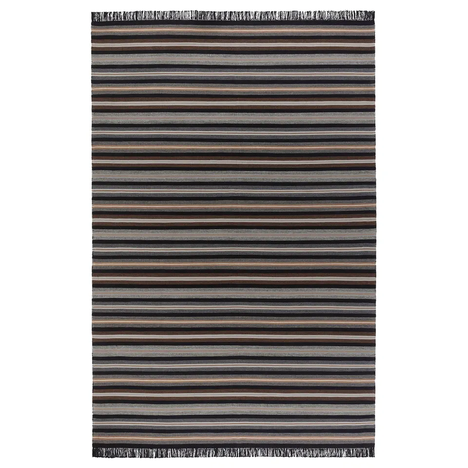 RÅVAROR rug: black, white, & brown stripes, rectangular, handwoven from wool & cotton.