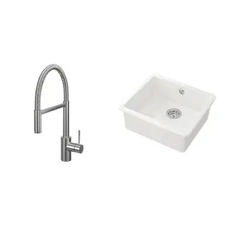 HAVSEN/SALLSJÖN set: inset sink, 1 bowl + kitchen mixer tap pull down w spray