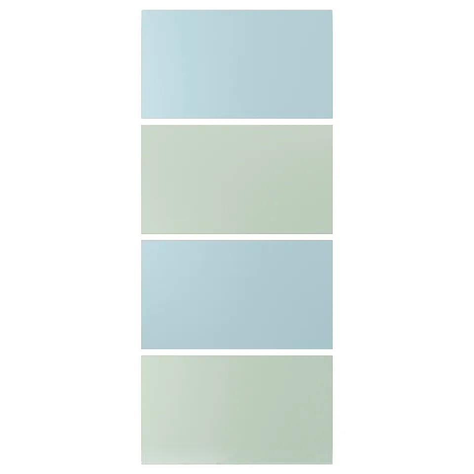 MEHAMN panels: light blue-green, double-sided fiberboard rectangles.