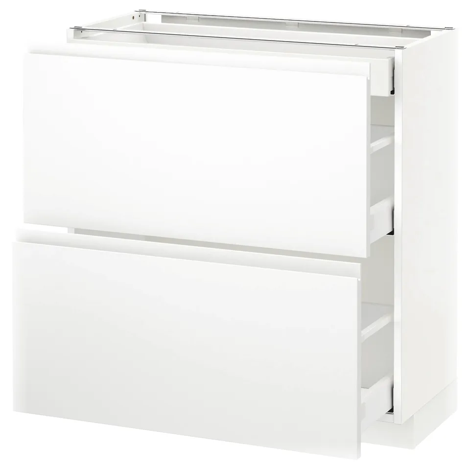 White METOD kitchen cabinet with voxtorp fronts, sleek minimalist design, two drawers and one shelf.