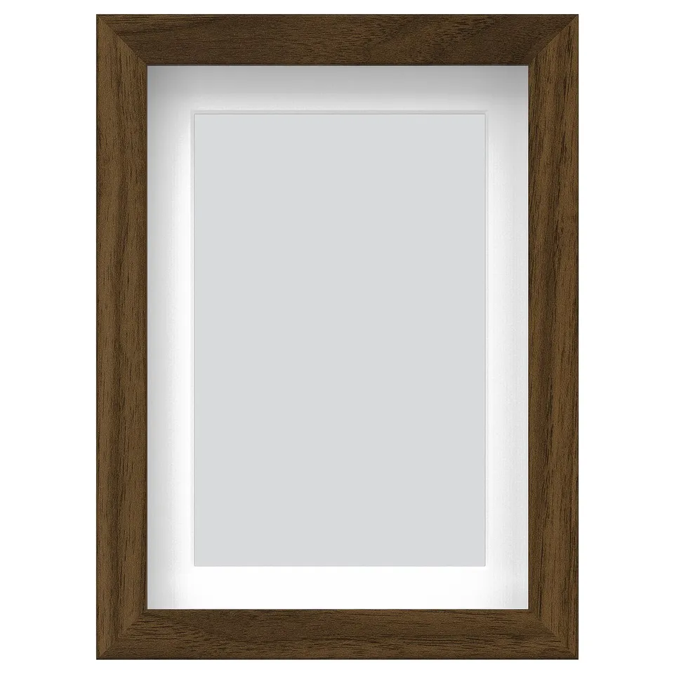 RÖDALM wooden photo frame, brown, rectangular, with white inner mat, can hang or stand.
