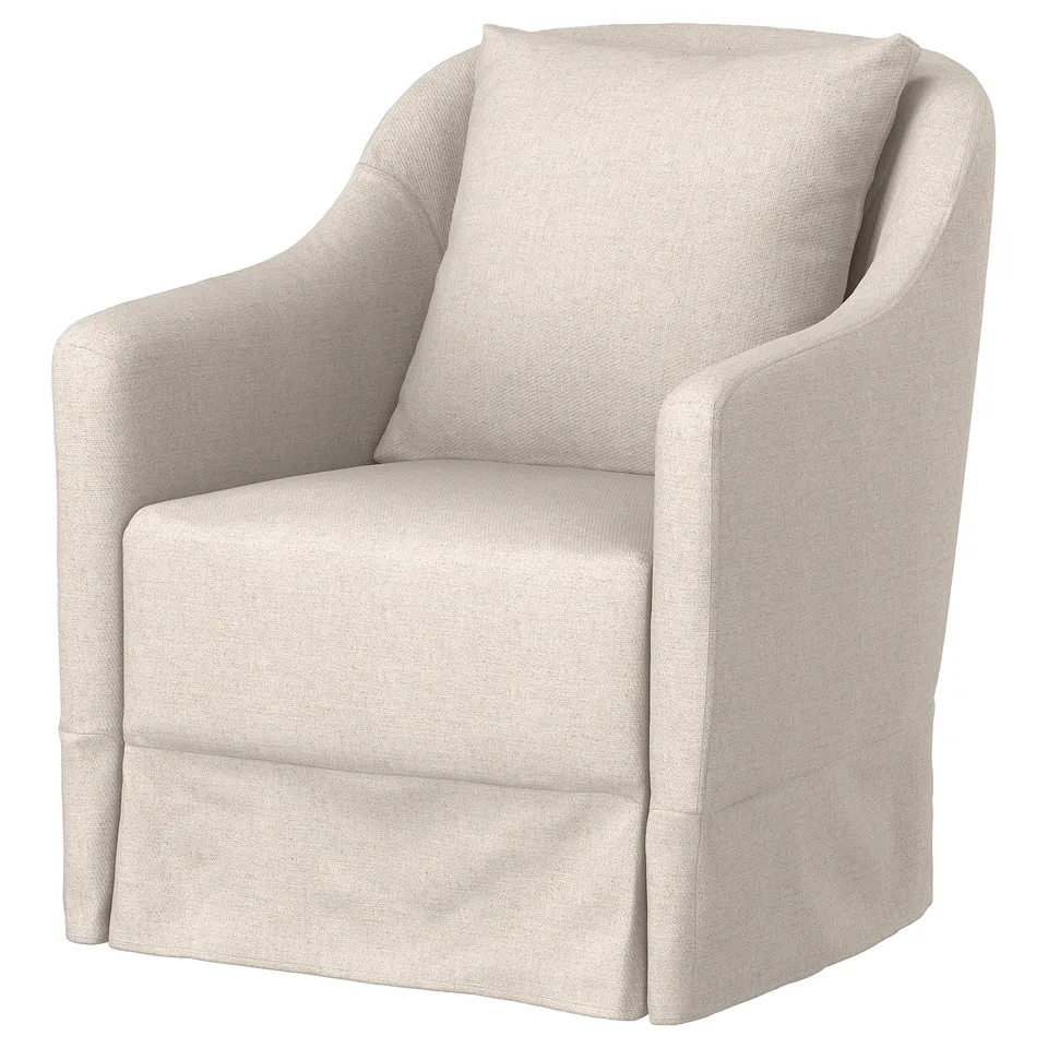 NORDKROKEN beige fabric armchair, curved back & armrests, plush cushions.