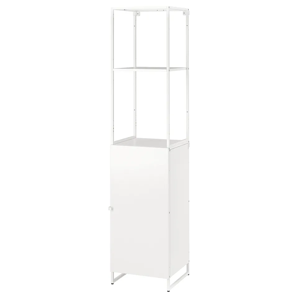 Depicts a white JOSTEIN shelving unit made of steel, suitable for indoor and outdoor use due to its moisture-resistant design.