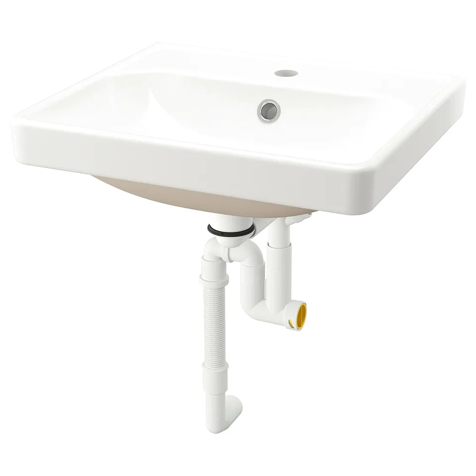 ORRSJÖN white ceramic sink, sleek design, semi-recessed, wall-mounted, modern bathroom fixture.