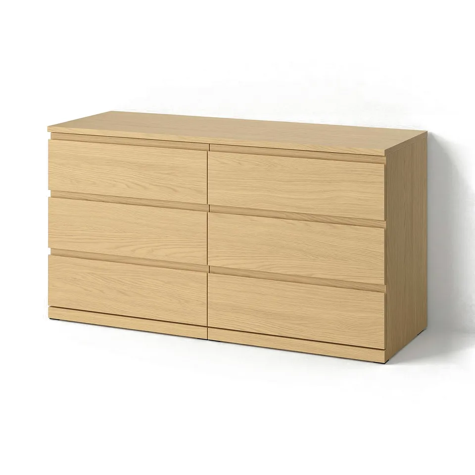 A light wood-colored STORKLINTA chest with six drawers. It has a sleek, modern design.