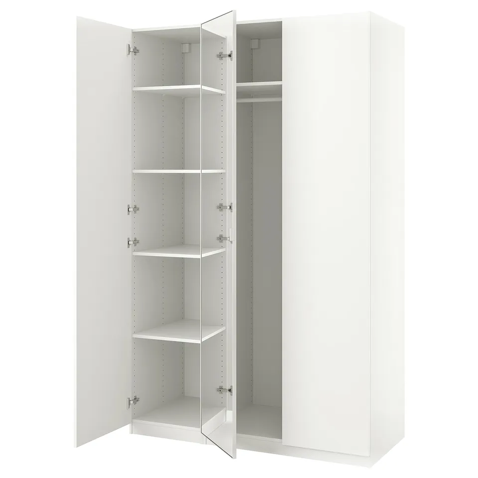 A white ikea PAX wardrobe with mirrored doors, featuring an open design revealing adjustable shelves inside.
